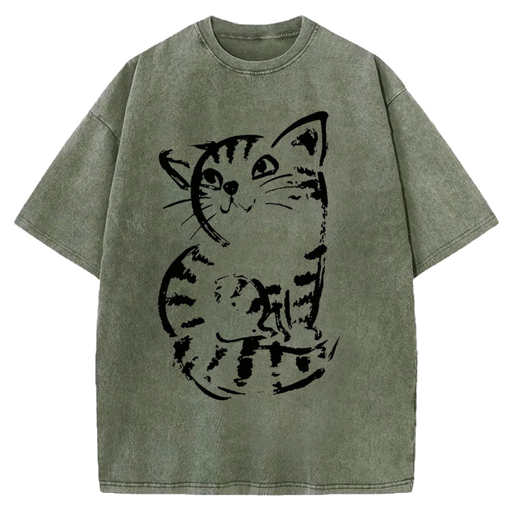 Funny Cat Washed Crew Neck T-shirt