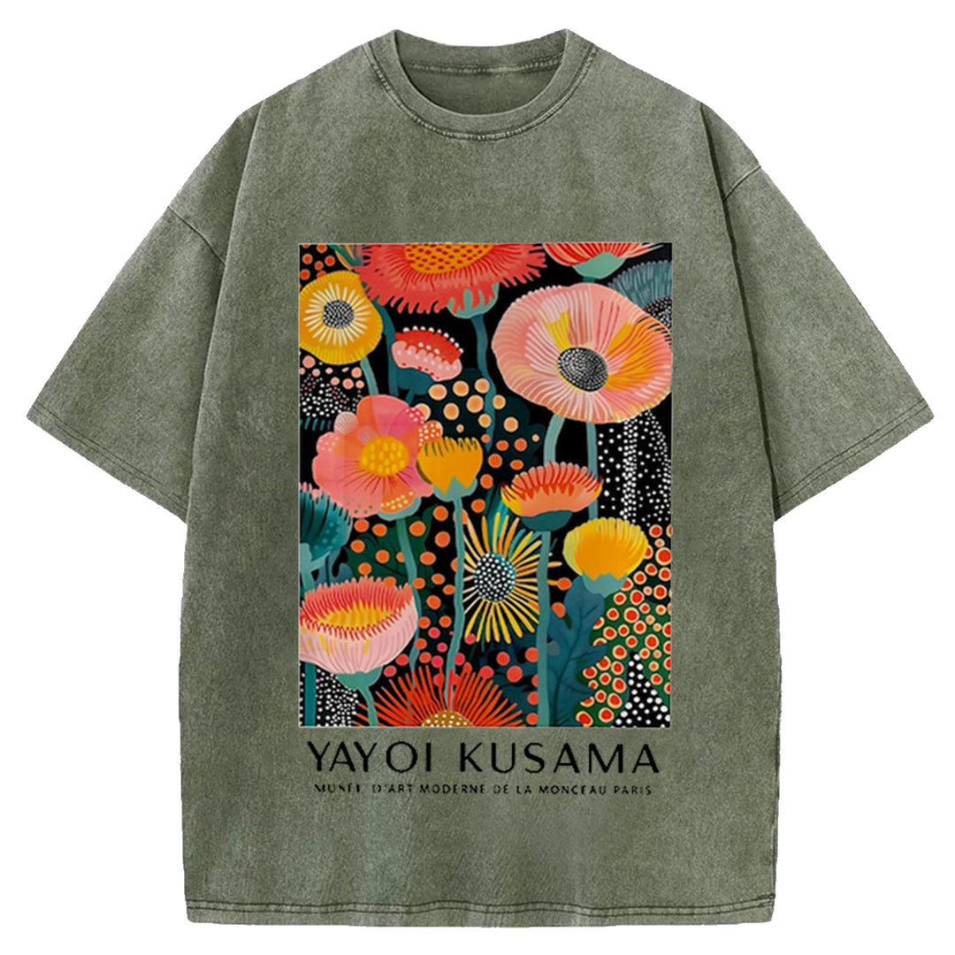 Yayoi Kusama Flower Vintage Design Washed Crew Neck T-Shirt