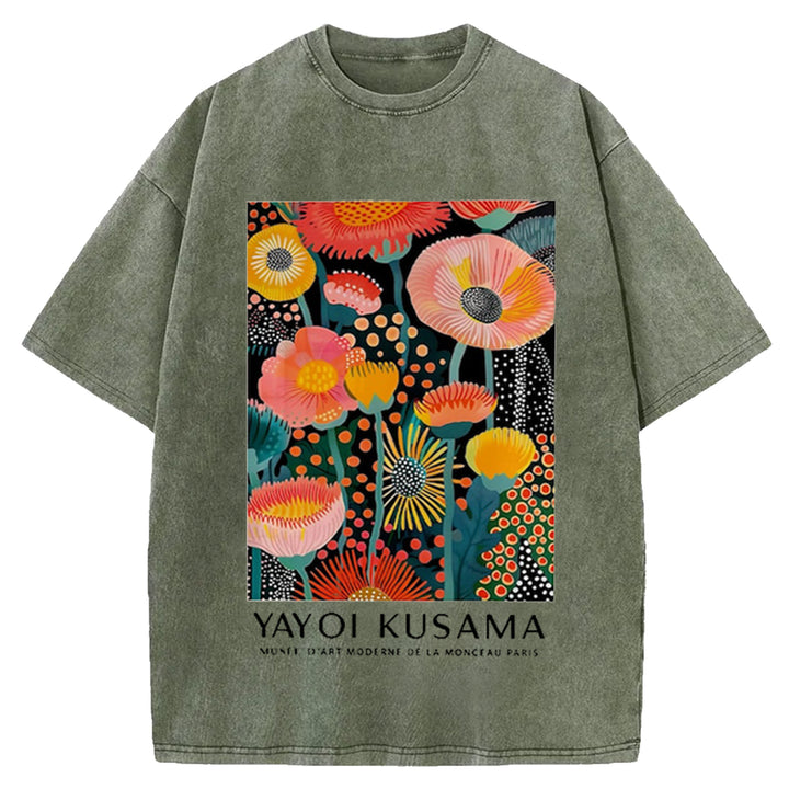 Yayoi Kusama Flower Vintage Design Washed Crew Neck T-Shirt
