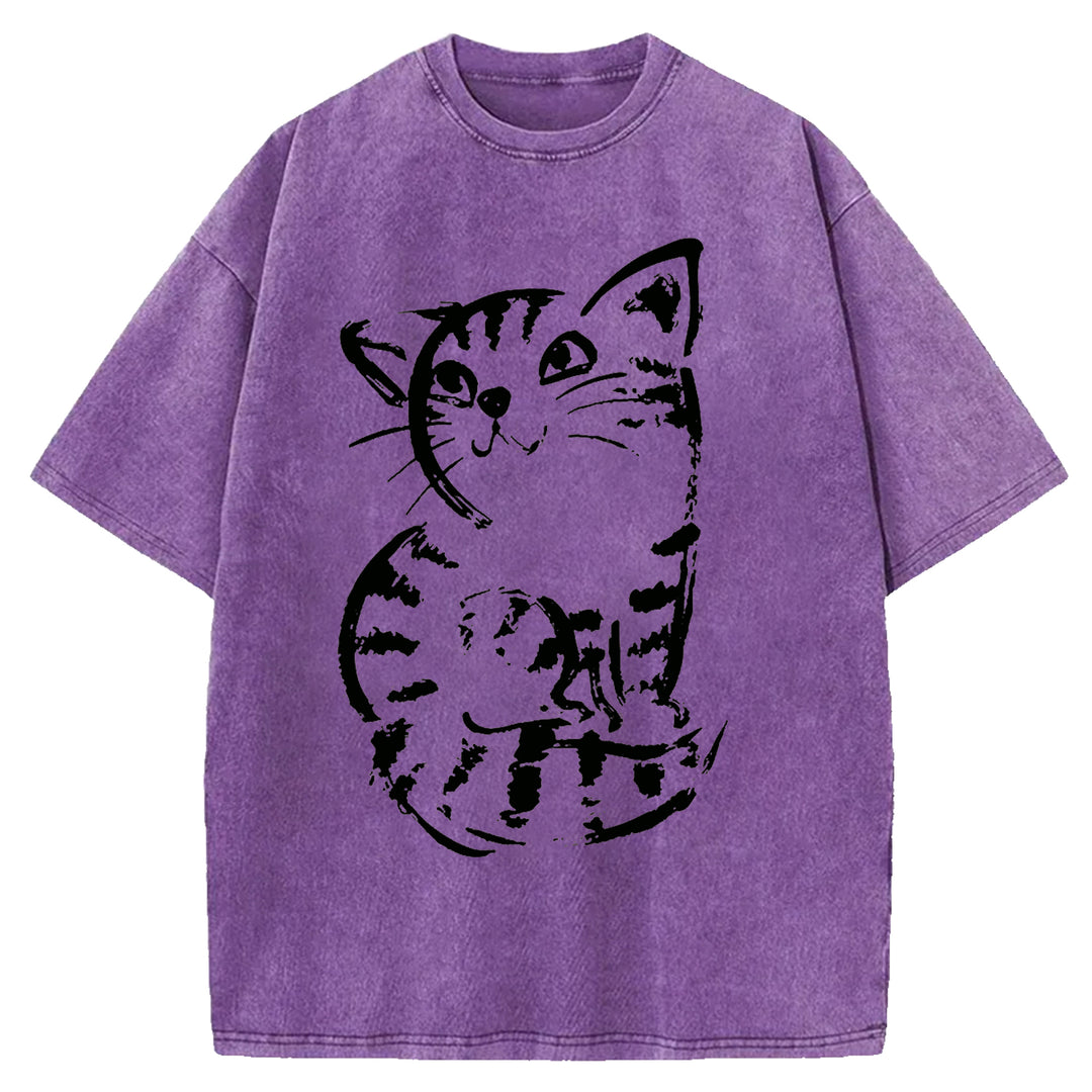 Funny Cat Washed Crew Neck T-shirt