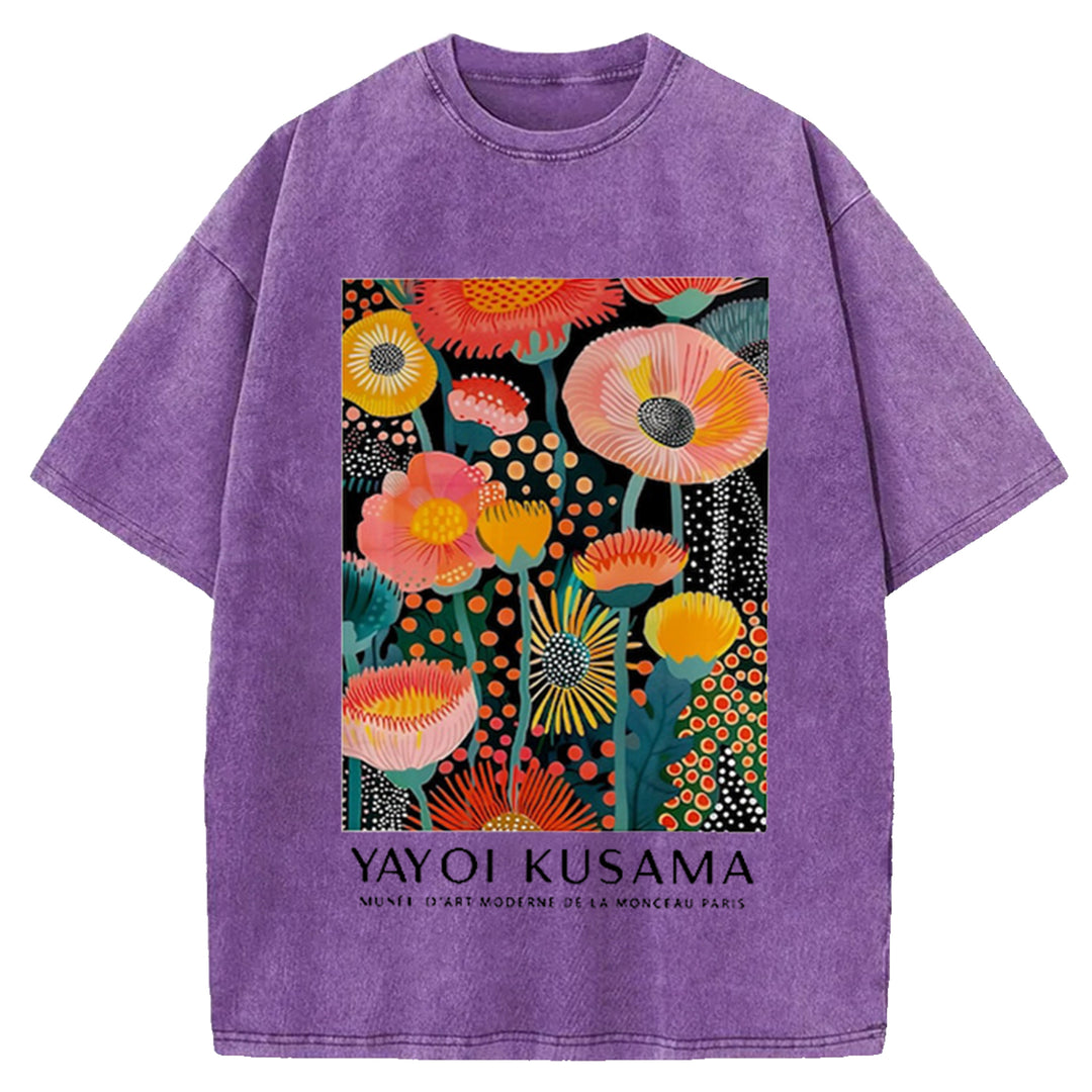 Yayoi Kusama Flower Vintage Design Washed Crew Neck T-Shirt