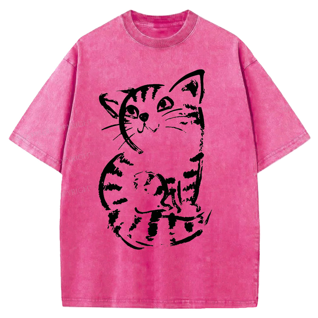 Funny Cat Washed Crew Neck T-shirt