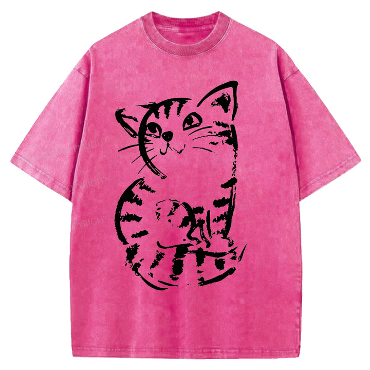 Funny Cat Washed Crew Neck T-shirt