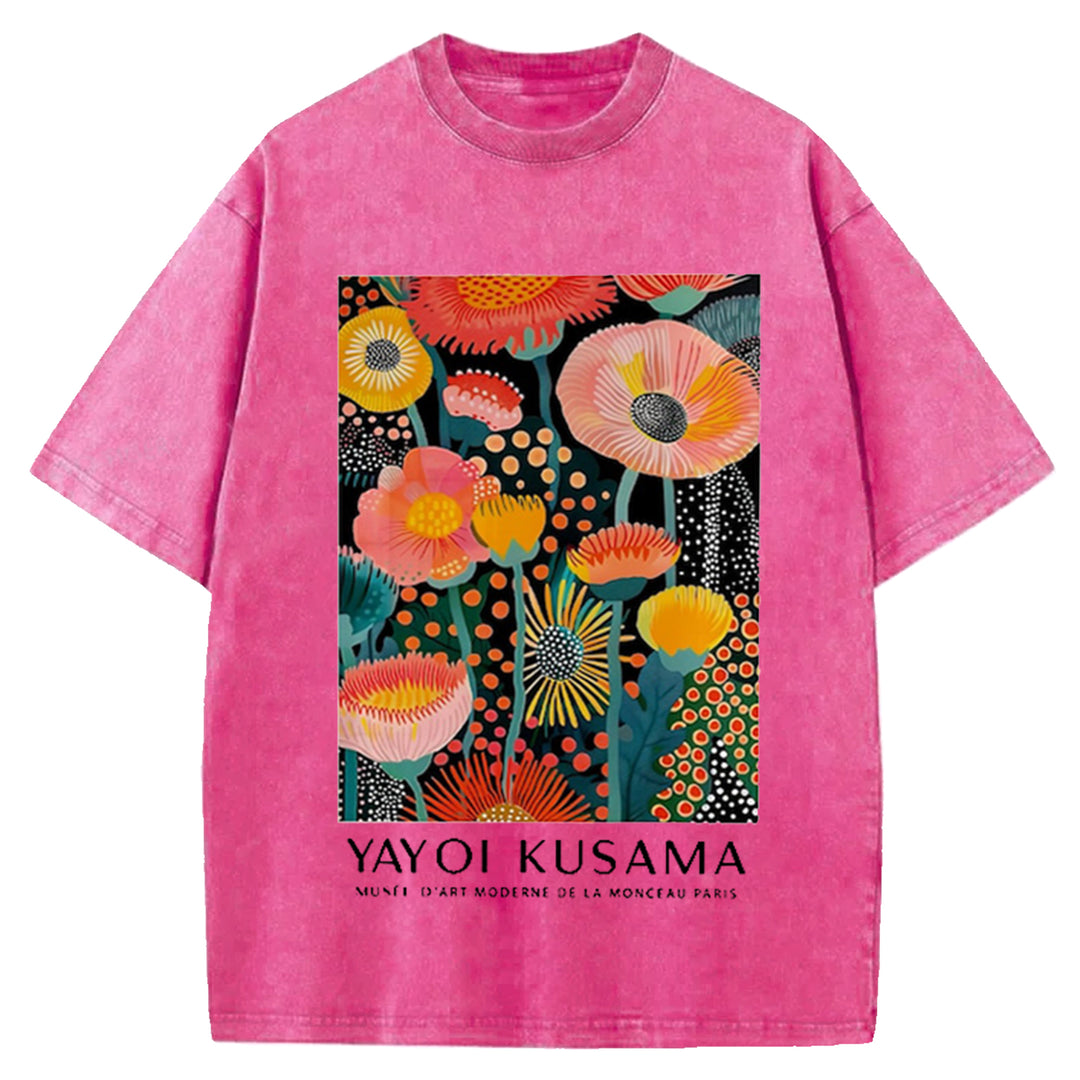 Yayoi Kusama Flower Vintage Design Washed Crew Neck T-Shirt