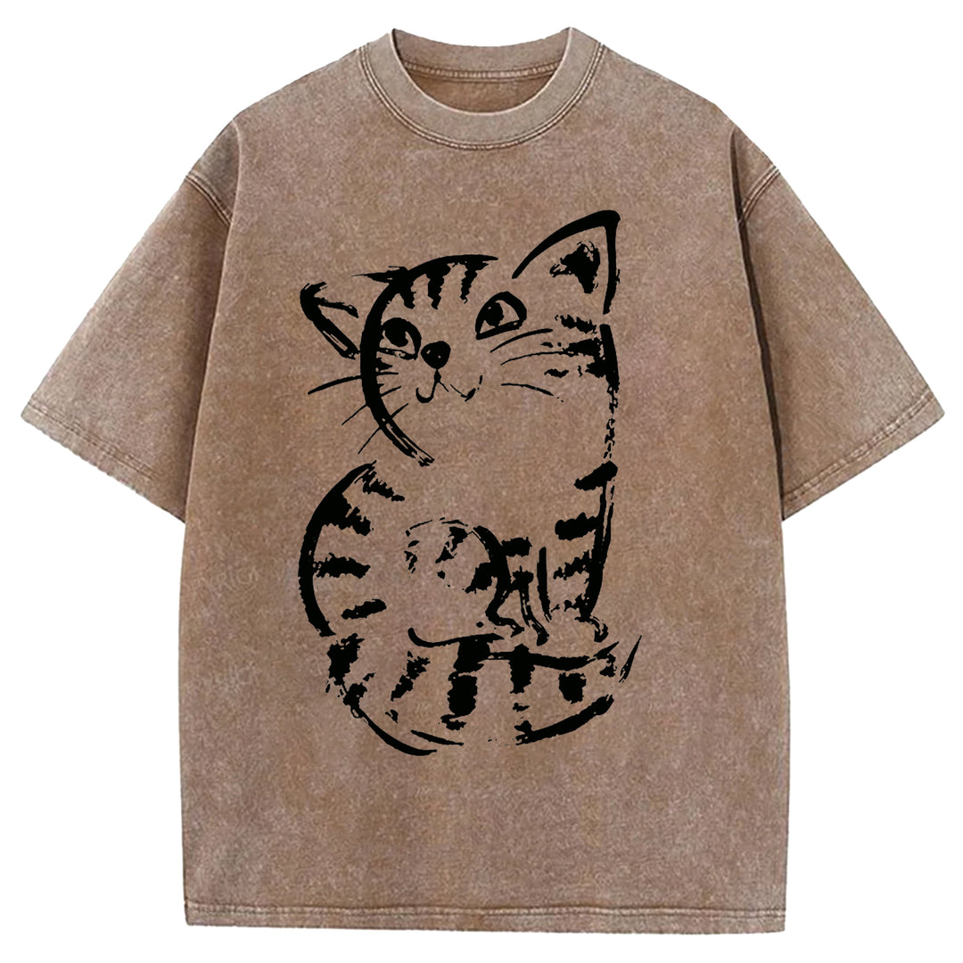Funny Cat Washed Crew Neck T-shirt