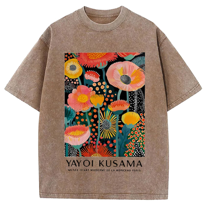Yayoi Kusama Flower Vintage Design Washed Crew Neck T-Shirt