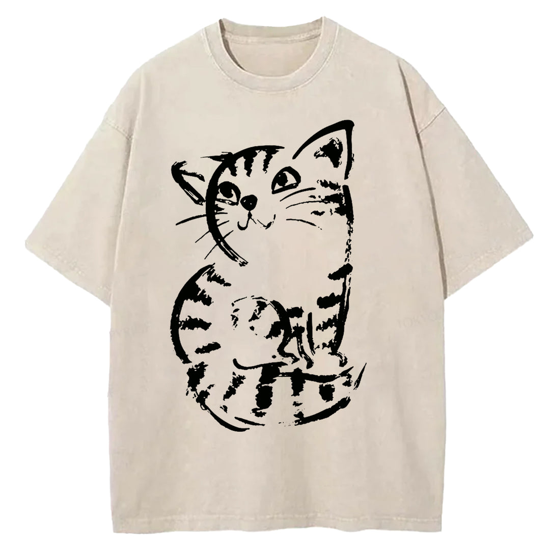 Funny Cat Washed Crew Neck T-shirt