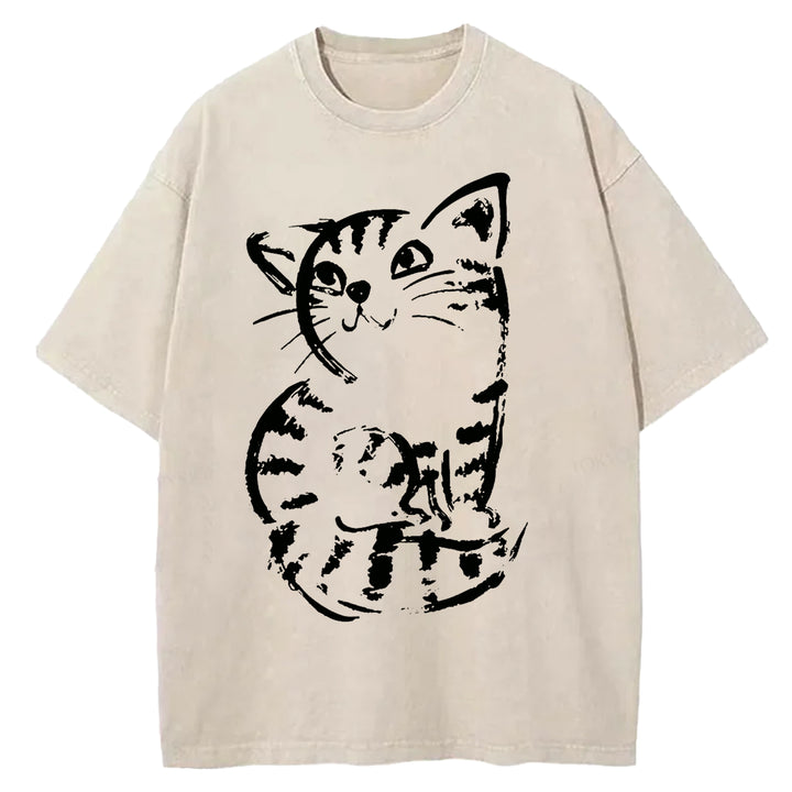 Funny Cat Washed Crew Neck T-shirt