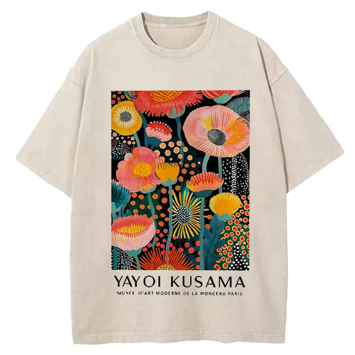 Yayoi Kusama Flower Vintage Design Washed Crew Neck T-Shirt