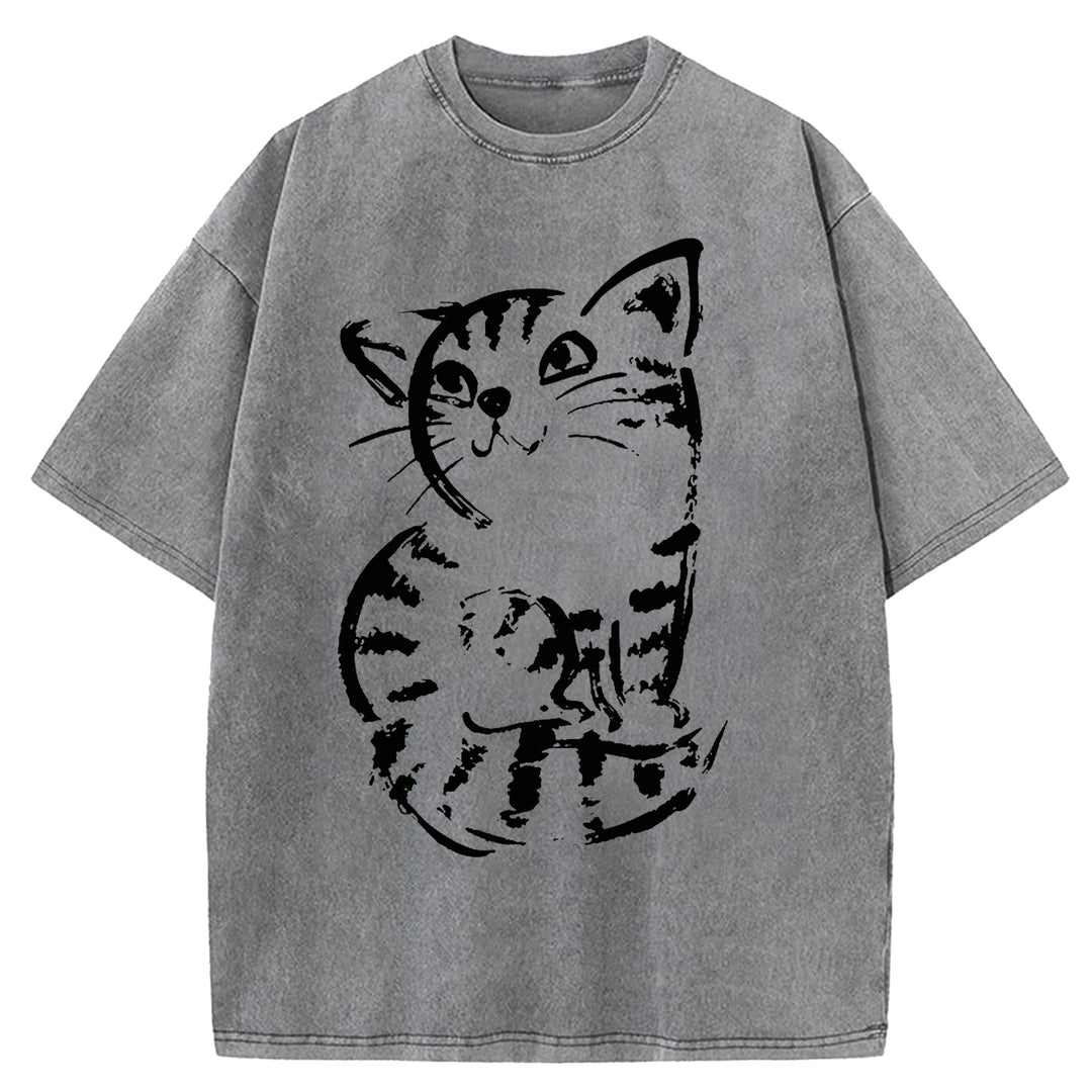 Funny Cat Washed Crew Neck T-shirt