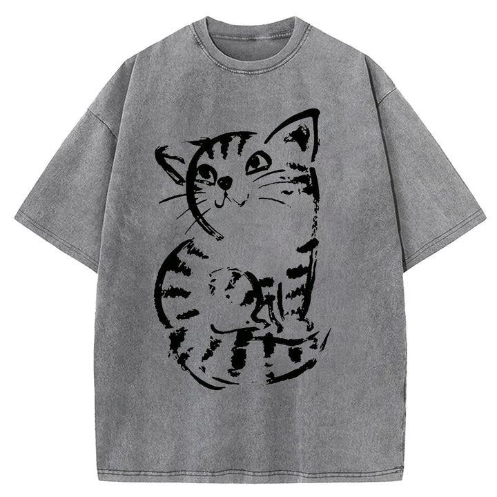 Funny Cat Washed Crew Neck T-shirt