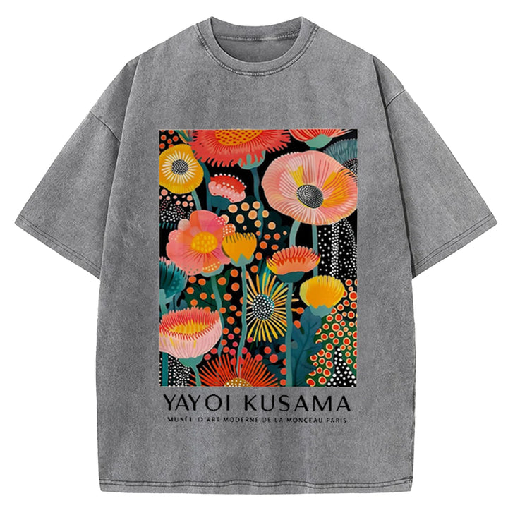 Yayoi Kusama Flower Vintage Design Washed Crew Neck T-Shirt