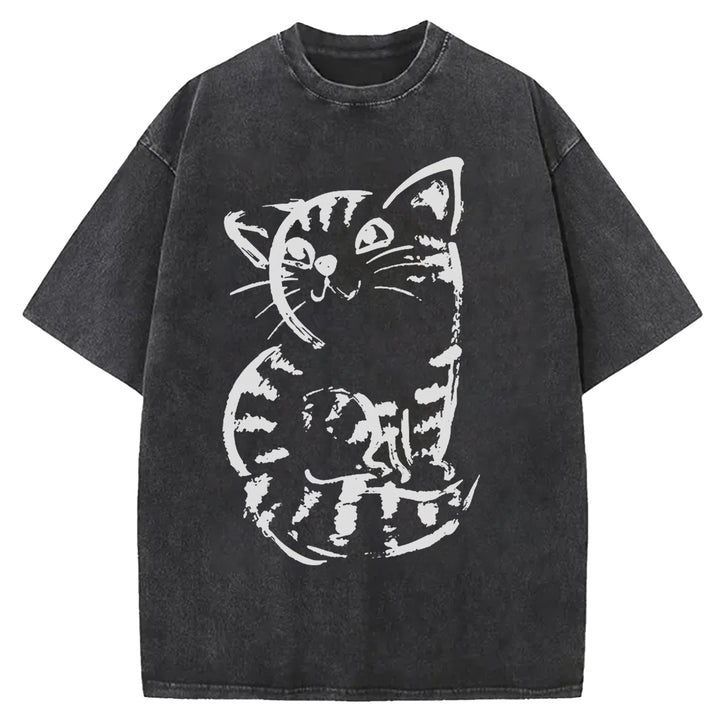 Funny Cat Washed Crew Neck T-shirt