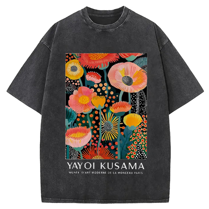 Yayoi Kusama Flower Vintage Design Washed Crew Neck T-Shirt