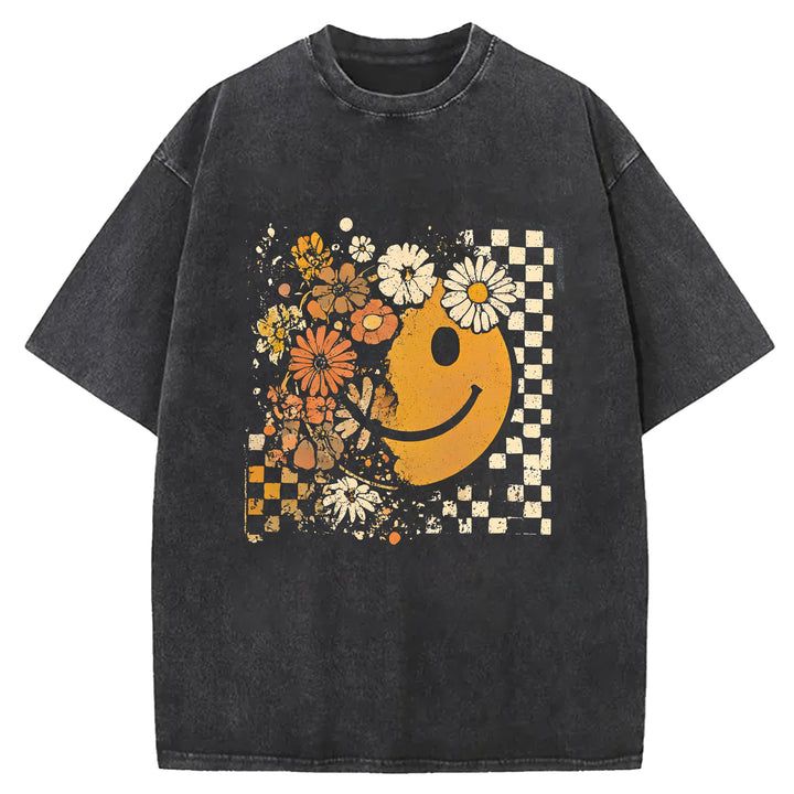 Smiley Face Floral Washed Crew Neck T-shirt