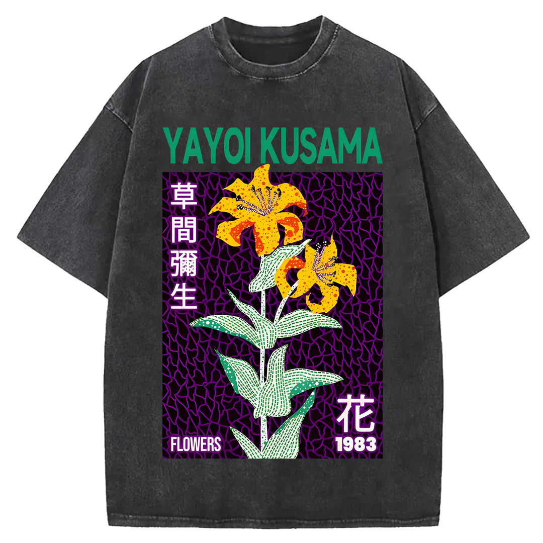 Yayoi Kusama Flowers Vintage Design Washed Crew Neck T-Shirt