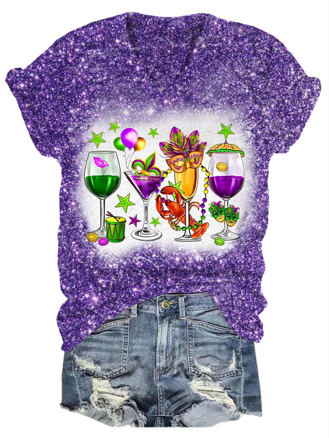 Fat Tuesday Mardi Gras Glitter V-Neck T-Shirt