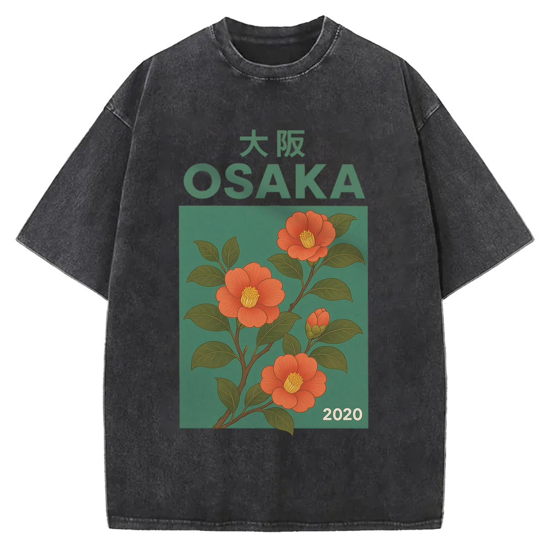Osaka Flowers Design Washed Crew Neck T-Shirt