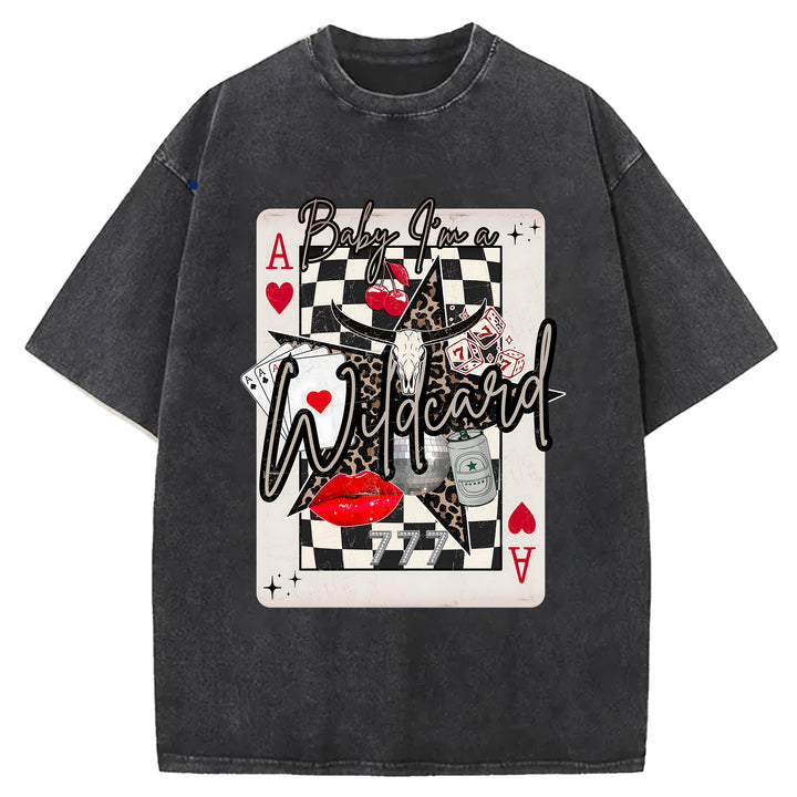 Baby I¡¯m a Wildcard Western Design Washed Crew Neck T-Shirt