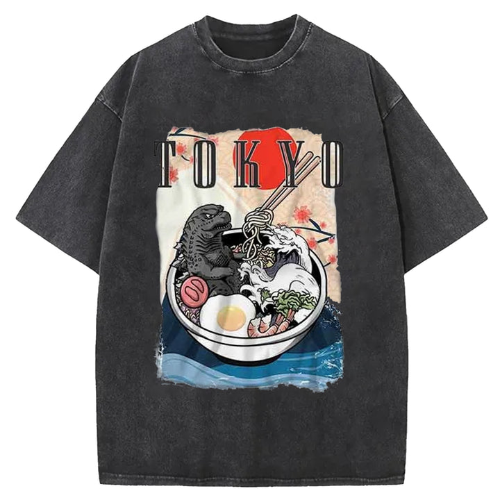 Godzilla Eats Japanese Ramen Washed Crew Neck T-Shirt
