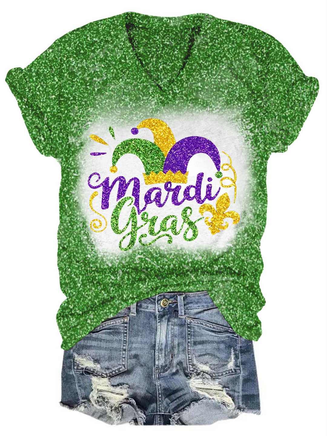 Mardi Gras Fat Tuesday Glitter V-Neck T-Shirt