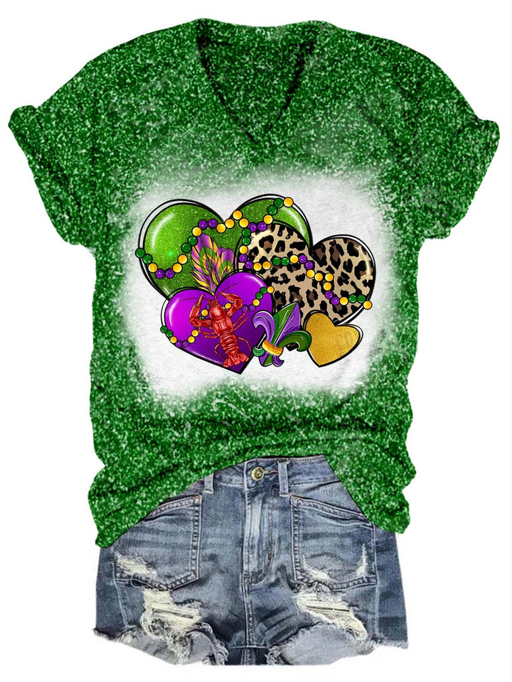 Heart Leopard Mardi Gras Glitter V-Neck T-Shirt