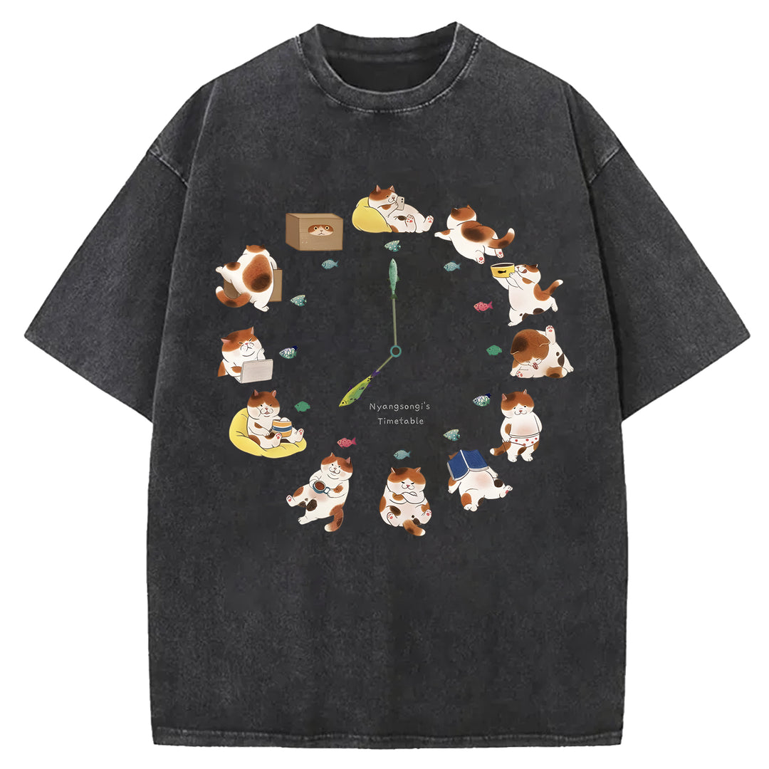 Cat Timetable Washed Crew Neck T-Shirt