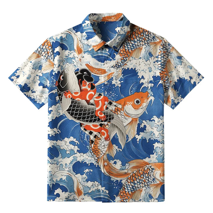 Sumo Wrestler Holding A Koi Button-up Shirt