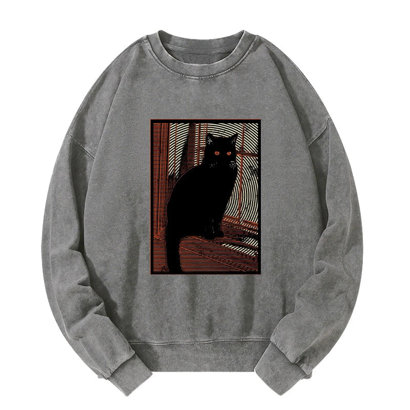 Mysterious Black Cat Washed Sweatshirt