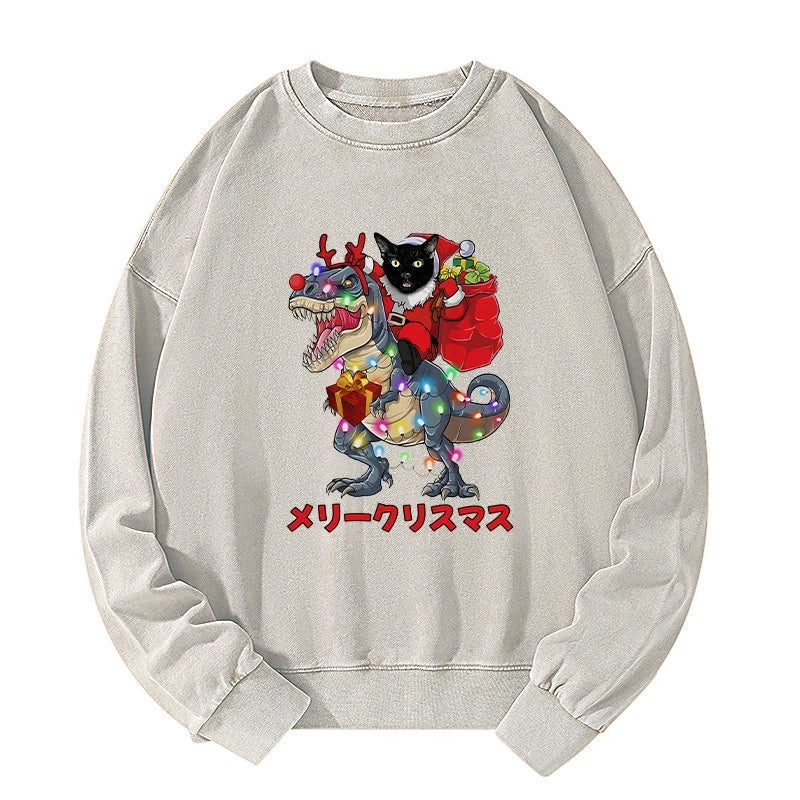 Cat Riding Dinosaur Christmas Washed Sweatshirt