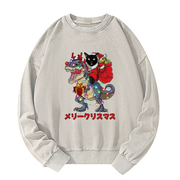 Cat Riding Dinosaur Christmas Washed Sweatshirt