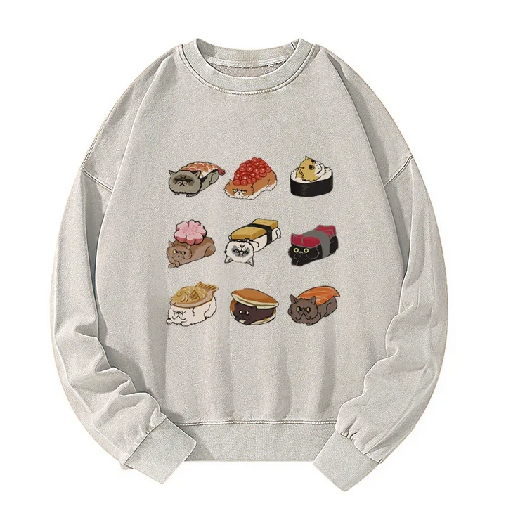 Cute Cat Sushi Washed Sweatshirt