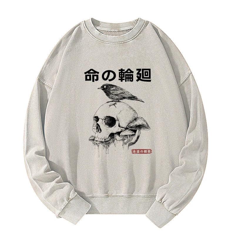 Mushroom Skull Manga Horror Print Washed Sweatshirt