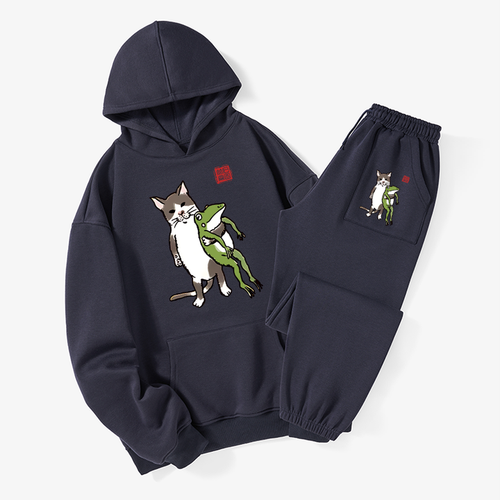 Cat Holding A Frog Fleece Lined Hoodie Set