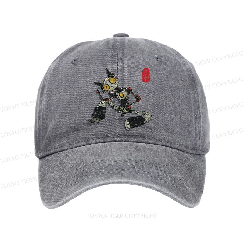 Contemplative Robot Cat Washed Cap
