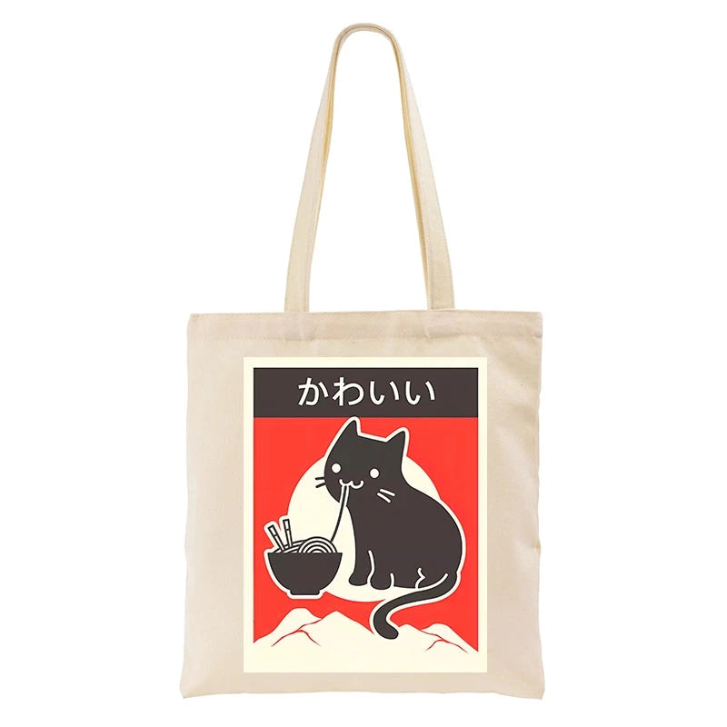"Kawaii" Vintage Style Japenese Ramen Cat Tote Bag