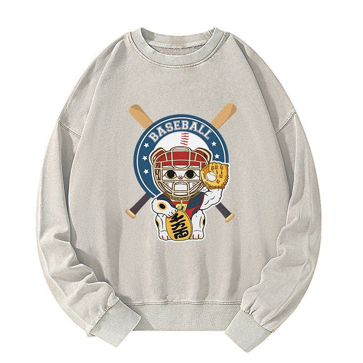 Janpaese Baseball Cat Washed Sweatshirt