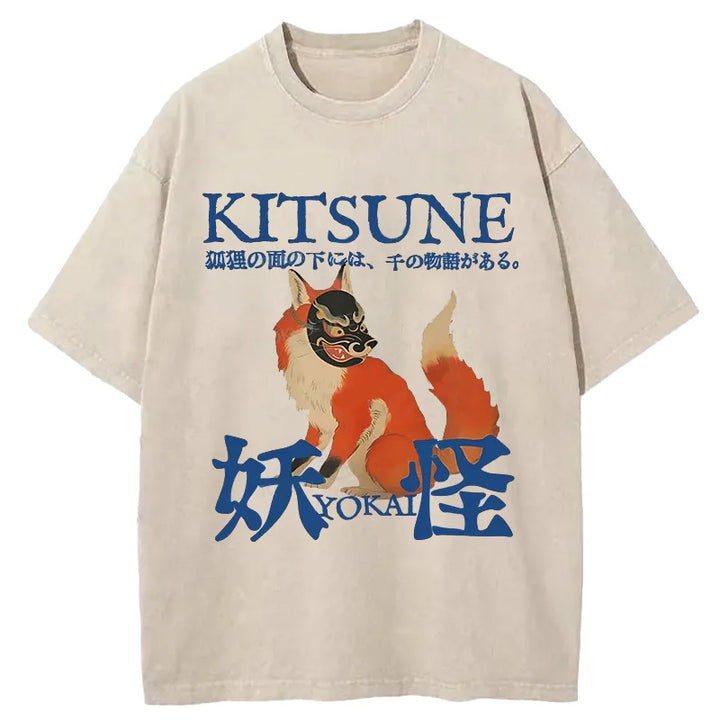 Japanese Fox Yokai Washed Crew Neck T-Shirt