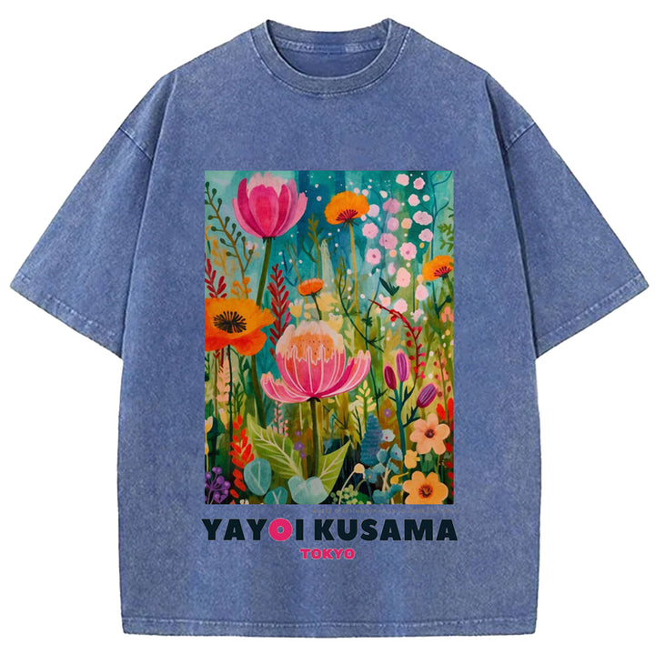 Yayoi Kusama Flower Vintage Japanese Design Washed Crew Neck T-Shirt