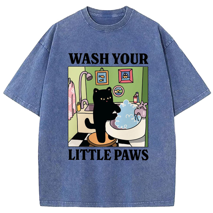 Wash Your Little Paws Vintage Design Washed Crew Neck T-Shirt