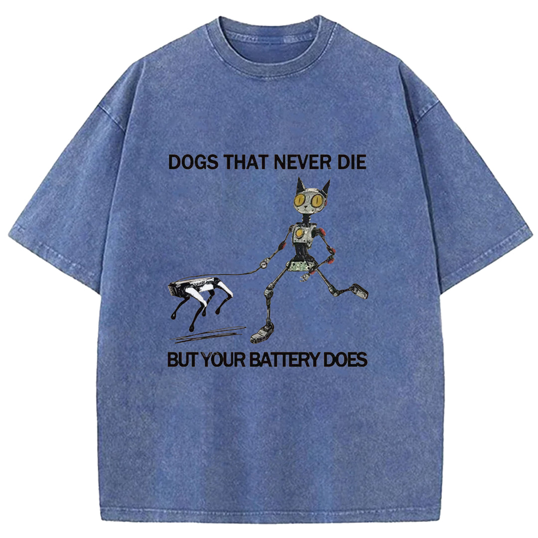 Funny Robot Cat Walking Robot Dog Washed Crew Neck T-Shirt