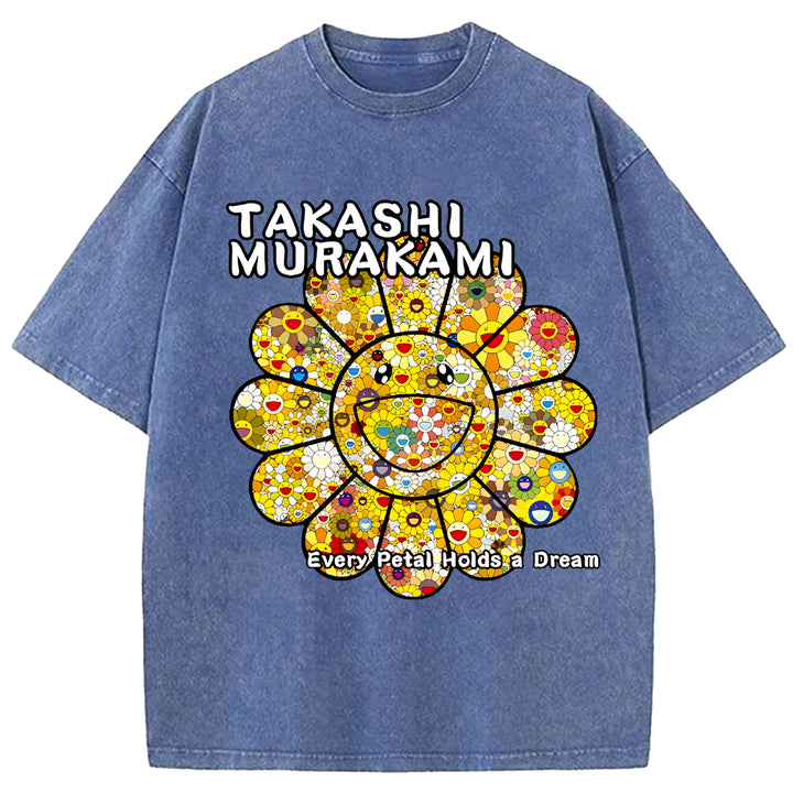 Takashi Murakami Flowers Vintage Design Washed Crew Neck T-Shirt