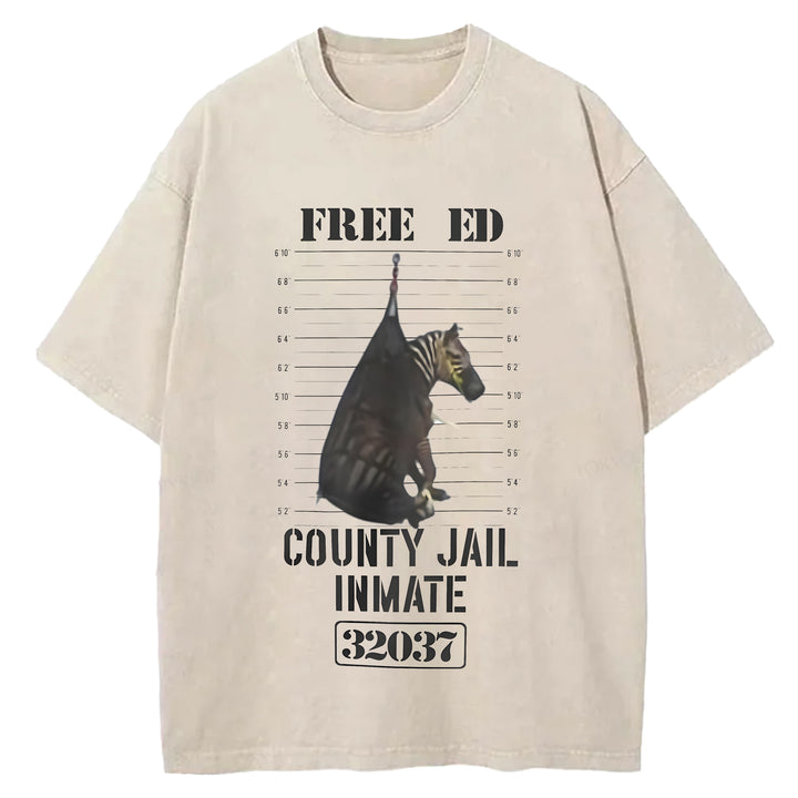 Funny Zebra Mugshot Washed Crew Neck T-Shirt
