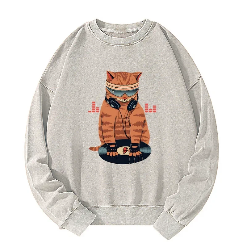 Funny Cat DJ Washed Sweatshirt
