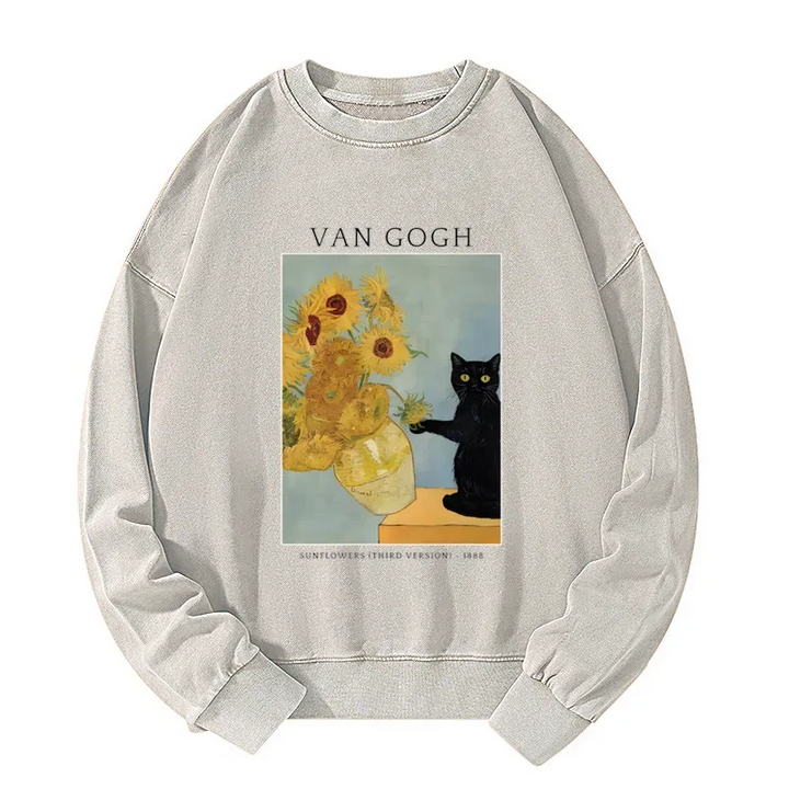 Black Cat With Sunflowers Washed Sweatshirt