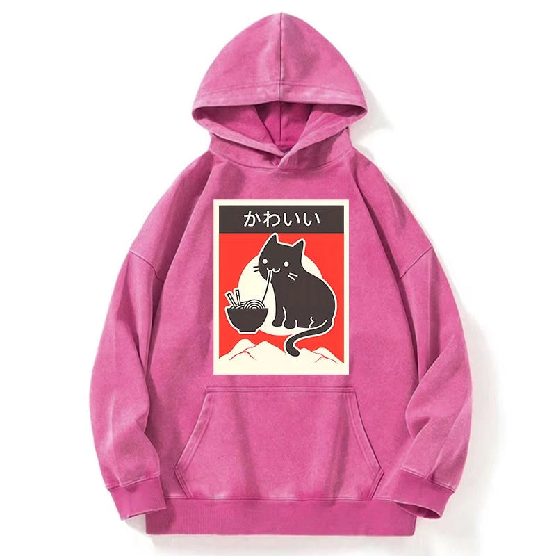 Kawaii Vintage Ramen Cat Washed Hoodie