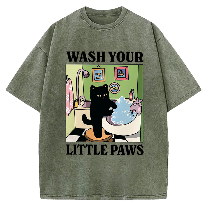 Wash Your Little Paws Vintage Design Washed Crew Neck T-Shirt