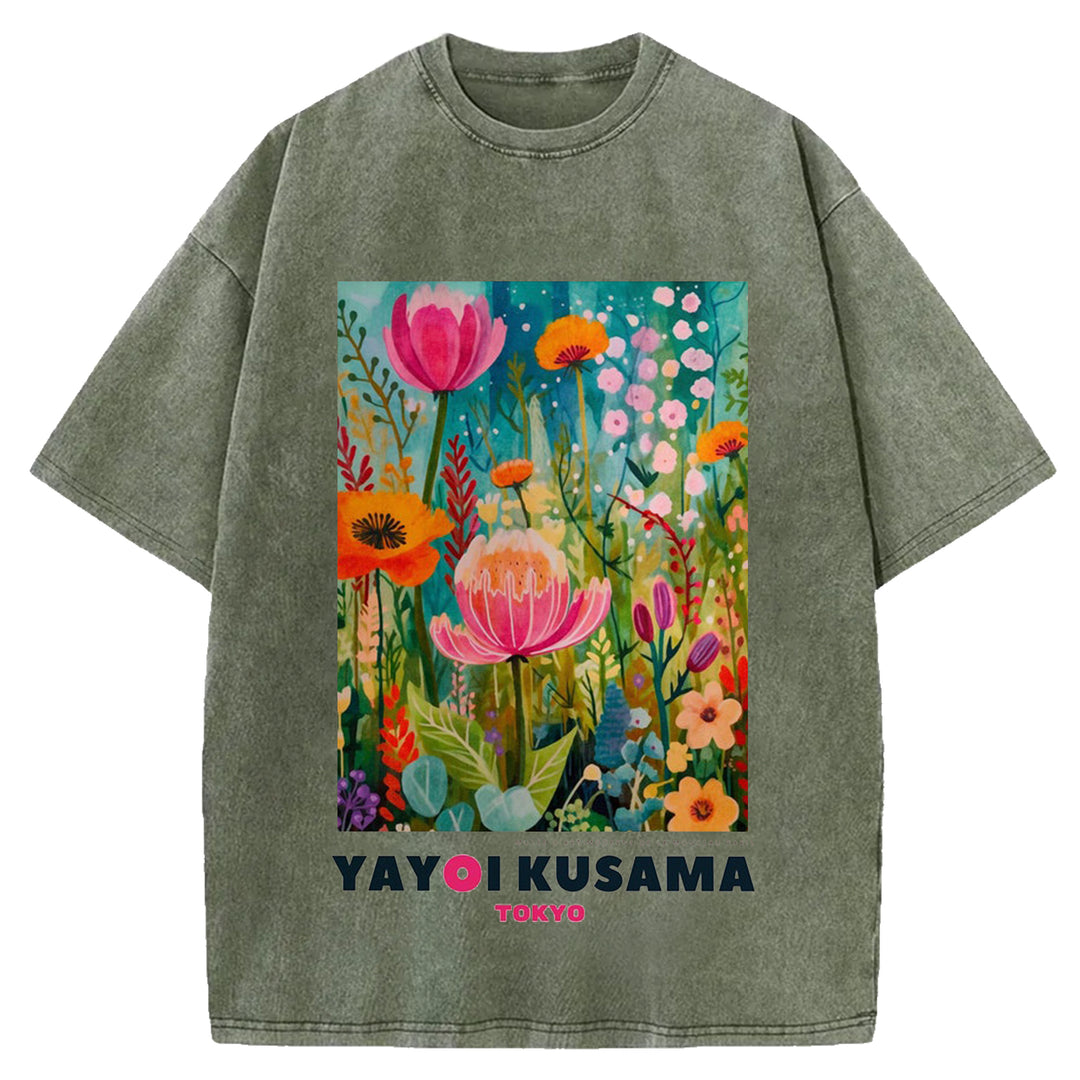 Yayoi Kusama Flower Vintage Japanese Design Washed Crew Neck T-Shirt