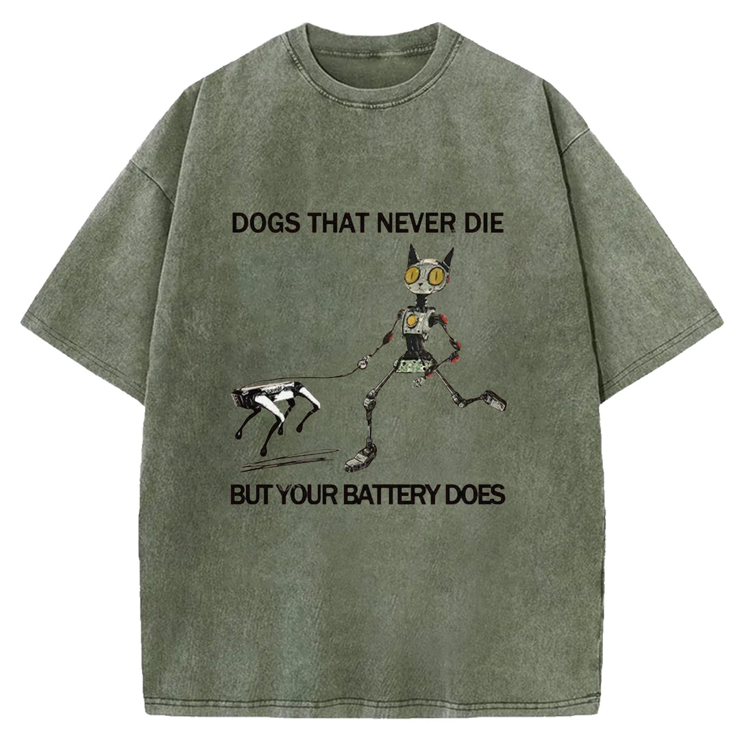 Funny Robot Cat Walking Robot Dog Washed Crew Neck T-Shirt