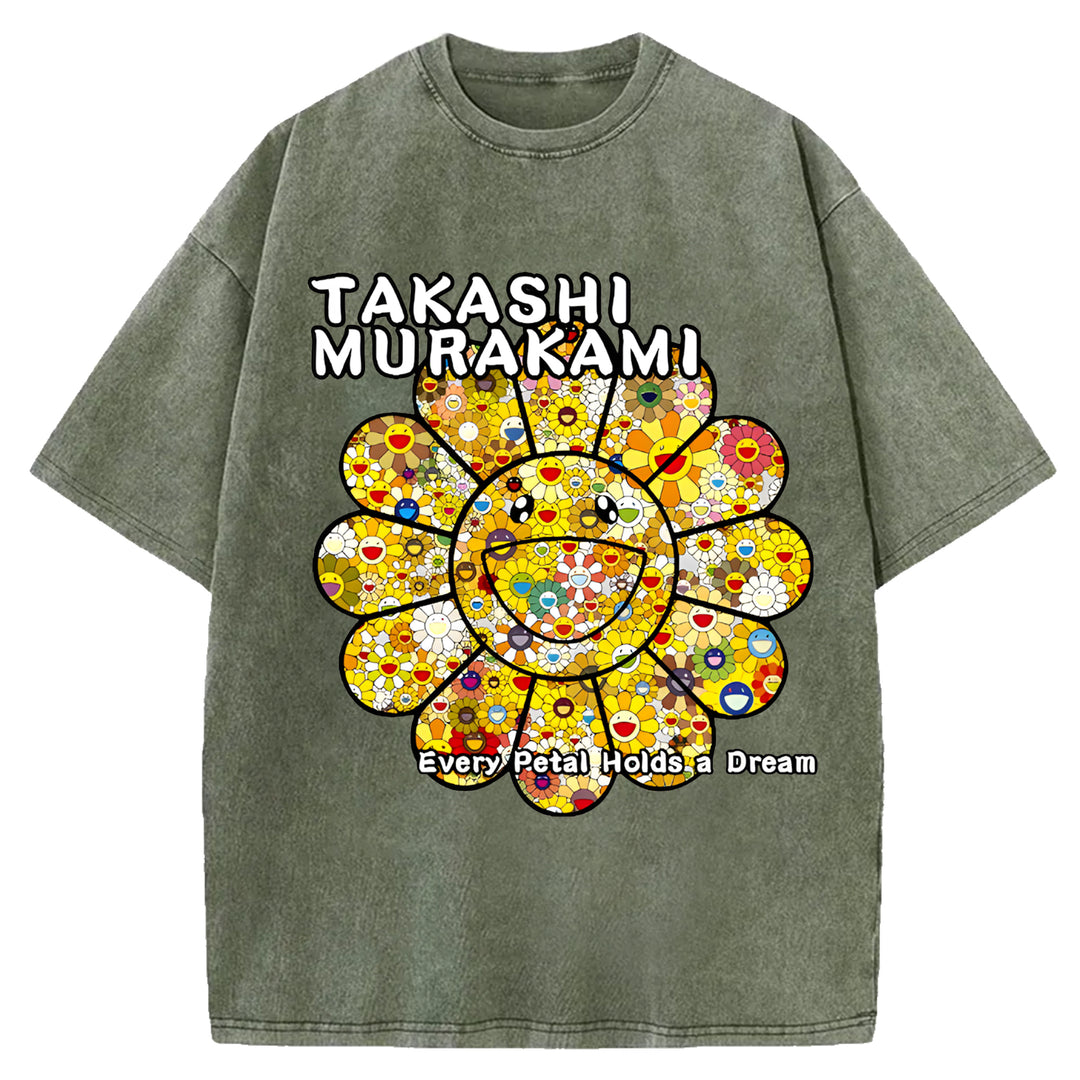 Takashi Murakami Flowers Vintage Design Washed Crew Neck T-Shirt